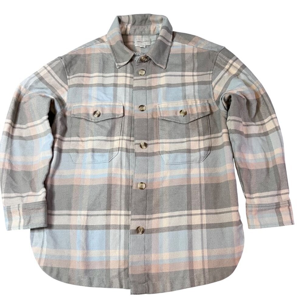 American Eagle Mens Plaid Button-Up Shacket S Cotton/Polyester Gray Pink